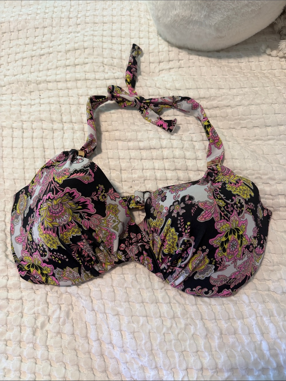 Victoria's Secret Black Floral Halter Bikini Top with Pink and Yellow Accents